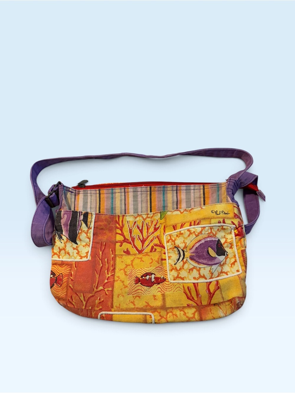 Colorful Tropical Patchwork Crossbody Bag with Purple Strap